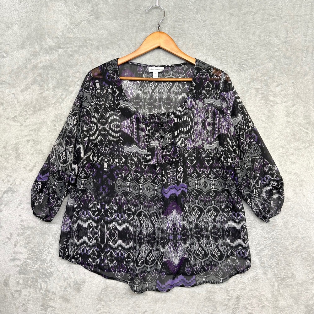 Fashion Bug Whimsigoth Boho Blouse 0X Purple Black Sheer Indie Chiffon Top